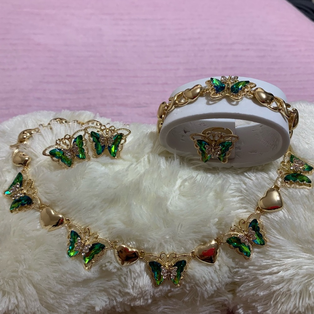 Gold and Green Butterfly Jewelry Set